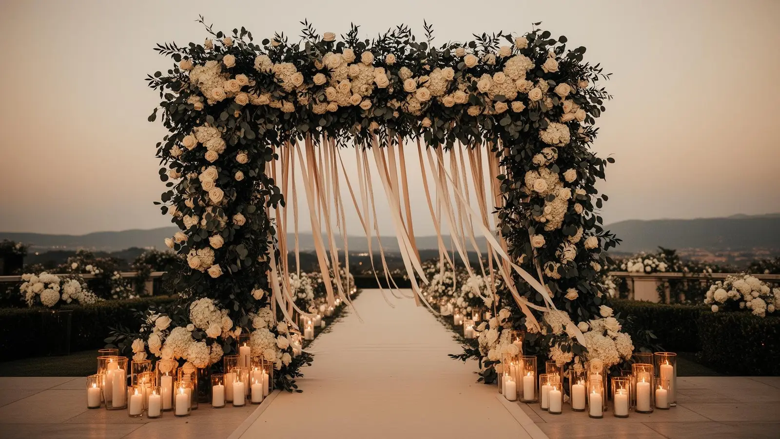 Hillside ceremony with floral arch